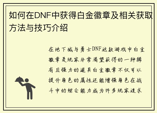 如何在DNF中获得白金徽章及相关获取方法与技巧介绍