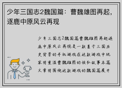 少年三国志2魏国篇：曹魏雄图再起，逐鹿中原风云再现